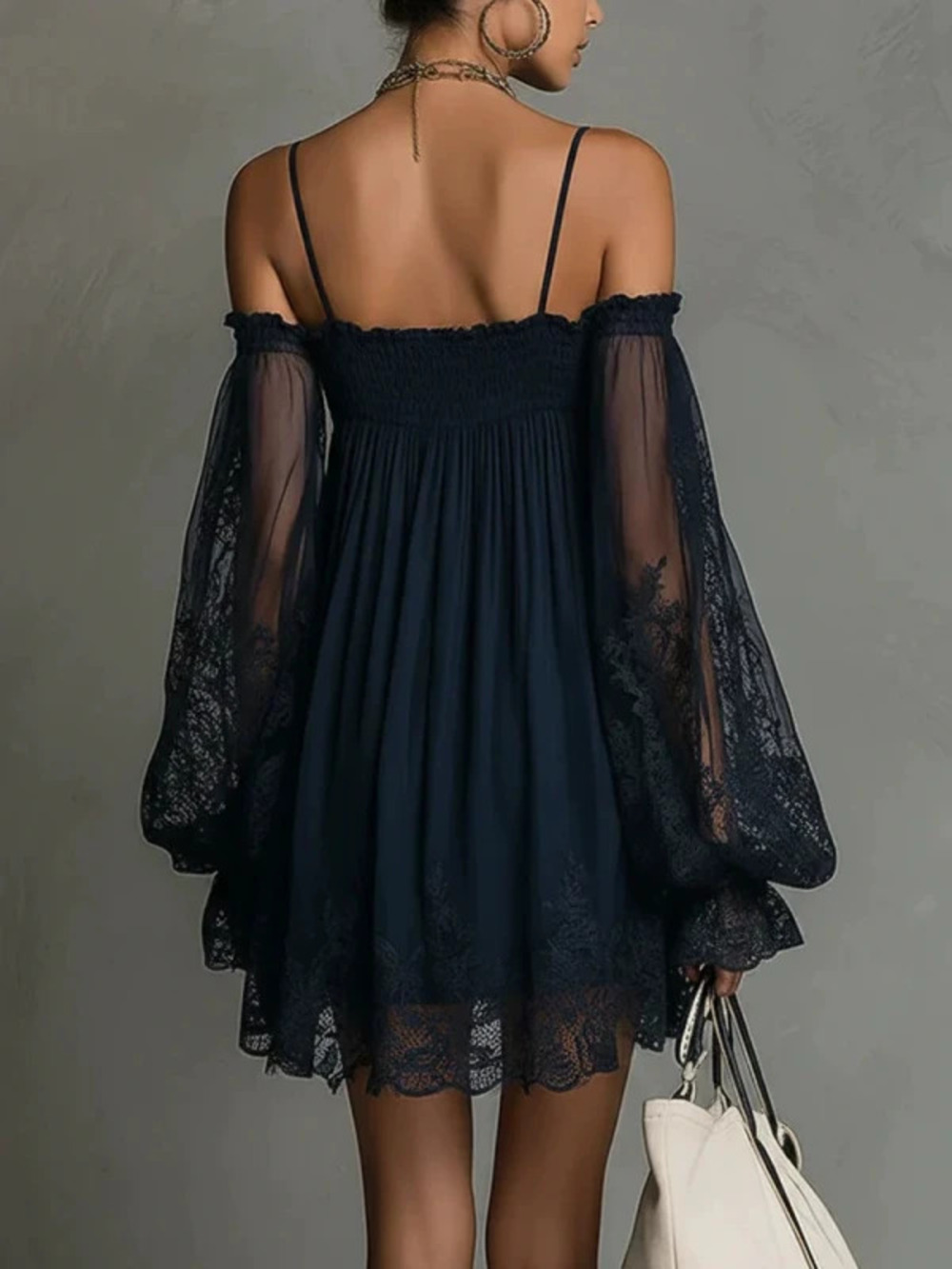 H&M  Sexy Women Sheer Long Sleeve Lace Cami Dress Solid Elastic Off Shoulder